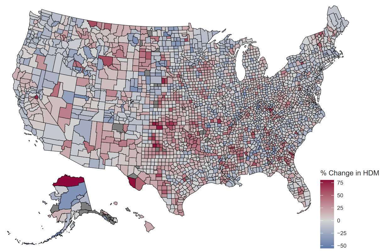 Change in heart disease mortality from 2010 to 2019